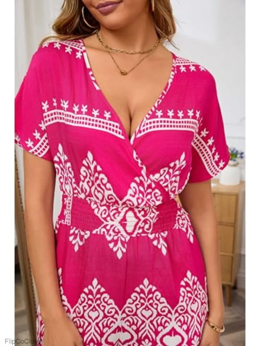 Womens Floral Boho Jumpsuit Cotton Linen V-Neck Short Sleeve Pockets